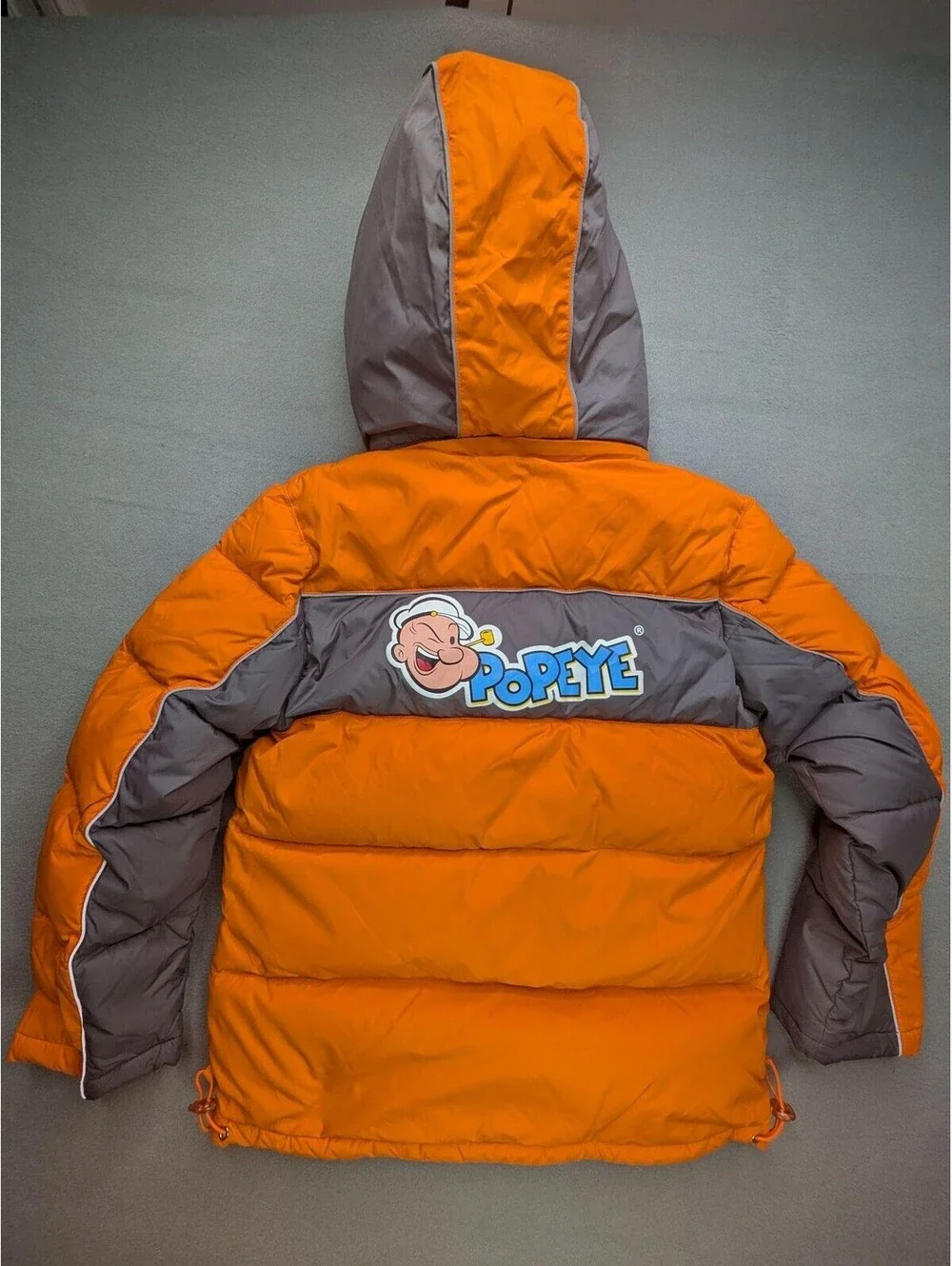 VTG Popeye Puffer Jacket Kids 7-8 Orange Gray Hooded Vintage Cartoon Winter Logo